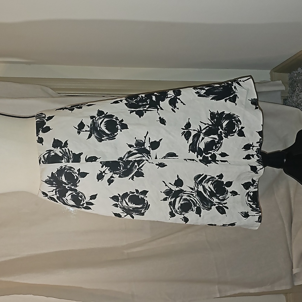 black & white linen floral print A-line skirt
